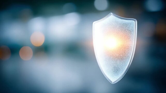Digital Shield of Protection: A radiant shield illuminates, a symbol of cybersecurity and secure digital safety, with a backdrop of a blurred technological landscape.