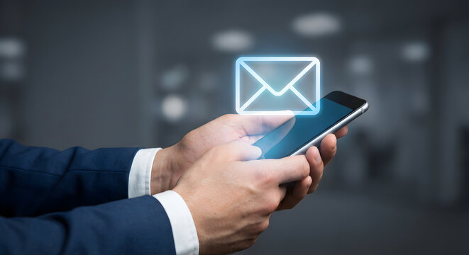 Businessman holding a smartphone with an email icon glowing above