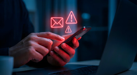 Person using smartphone with glowing notification icons and digital alerts