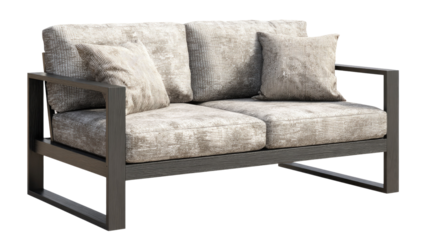 A modern two-seater sofa with a dark wooden frame, light gray patterned fabric cushions, and two decorative pillows on a transparent background. background removed