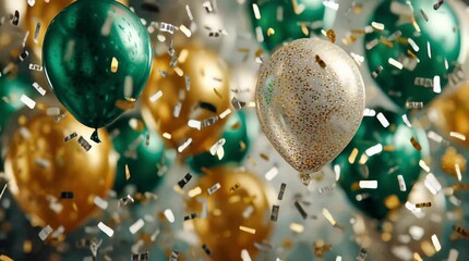 Green and golden balloons floating in the air. They are surrounded by flying gold and silver confetti, creating a festive and solemn atmosphere.