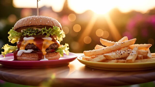 large burger piled high with lettuce, cheese, and sauce next to a plate of golden fries under a warm sunset. The burger and fries are beautifully presented, i