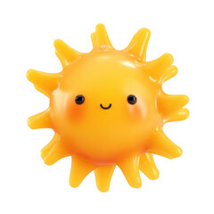 A cute, shiny, 3D rendered cartoon sun with a happy face and rosy cheeks on a transparent background, exuding cheerfulness. background removed