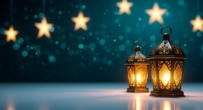 Festive Islamic background with lanterns and star lights for celebration