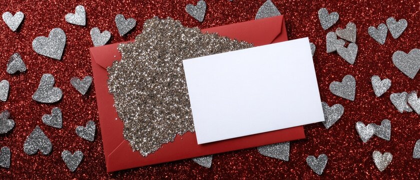 Romantic setting with red envelopes, a blank card, and glittering hearts on a vibrant red background for heartfelt messages