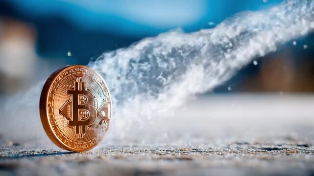 Bitcoin Under Pressure: A close-up view of a bitcoin coin being washed by a stream of water, symbolizing the currency's volatility in the market and financial pressure.