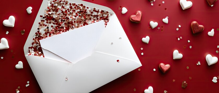 Bright red background with an open envelope displaying a white card and sparkling hearts for a festive celebration
