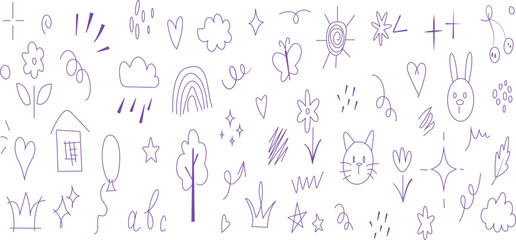 Purple Hand Drawn Doodle Elements with Hearts Flowers Clouds Animals and Rainbows sketch drawing