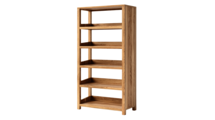 A tall, modern, natural light wood bookshelf with six open shelves, perfect for books or display items, against a transparent background. background removed