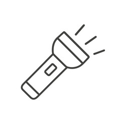 Fine line flashlight icon symbolizing illumination and search tool, ideal for emergency kit visuals, outdoor gear representation and night exploration resources
