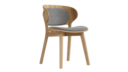 A stylish modern dining chair featuring a light wood frame and elegant curved back with a gray upholstered seat and backrest. background removed