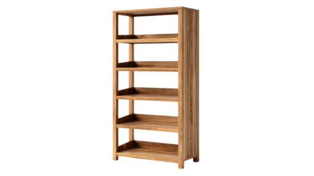 A tall, modern, natural light wood bookshelf with six open shelves, perfect for books or display items, against a transparent background. background removed - Powered by Adobe