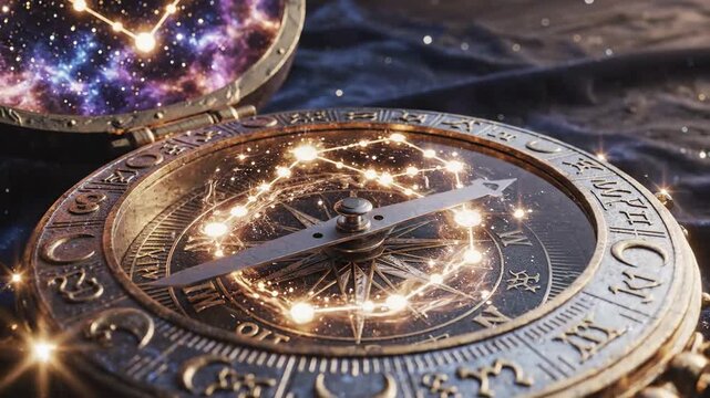 Vintage compass with celestial constellations and glowing lights