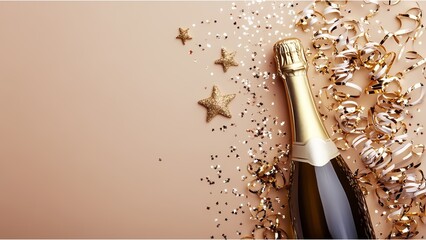 Obraz premium Celebration background with golden champagne bottle, confetti stars and party streamers. Christmas, birthday or wedding concept. Flat lay.