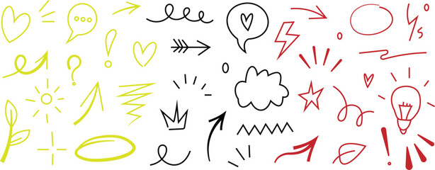 Assortment of Hand- Drawn Icons and Symbols in Yellow, Black, and Red hand-drawn