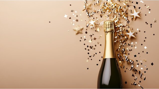 Celebration background with golden champagne bottle, confetti stars and party streamers. Christmas, birthday or wedding concept. Flat lay.