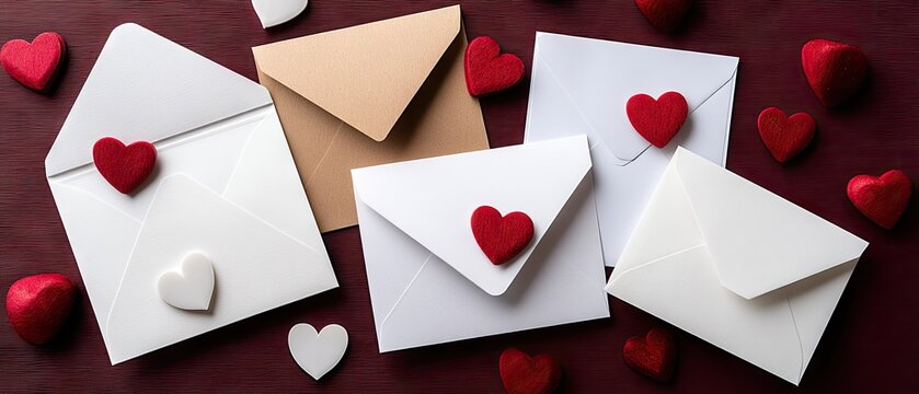 Scattered red envelopes and blank cards arranged with heart decorations on a burgundy surface create a romantic and festive atmosphere for special occasions