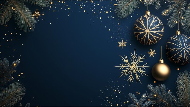 A blue Christmas background with baubles and decorations: golden snowflakes, fir branches. Christmas and new year holidays concept. 