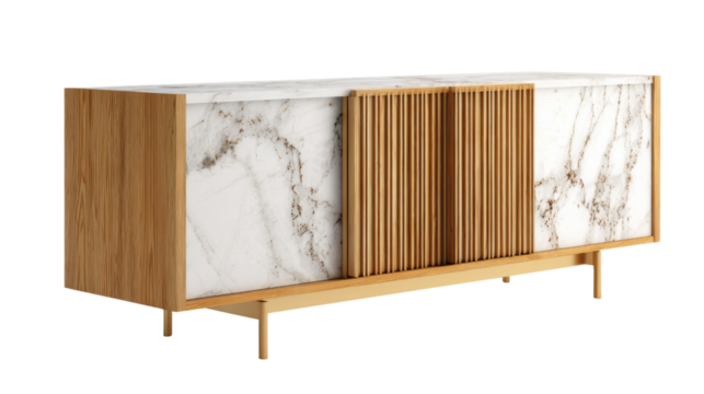 Elegant modern sideboard featuring white marble surfaces, natural wood panels, and fluted wood doors on a slender gold-finished metal base. Contemporary design. background removed