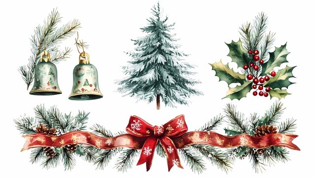 christmas decoration Holly leaves and pine branches Watercolor christmas illustration. Festival set.Symbols big set. Colorful christmas icons isolated on white  background.Traditional Xmas attributes.