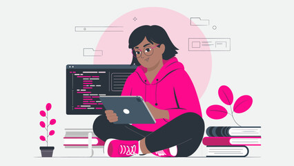 woman coding on a tablet surrounded by books, vector illustration for software development, stem education and women in tech