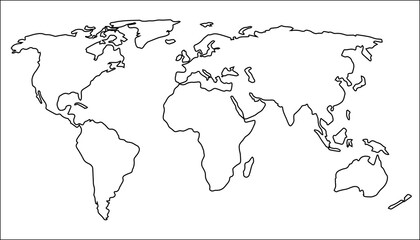 World Outlines. A minimalist world map, rendered in black lines with a white fill on a transparent background. The simplicity of the form emphasizes the universality and interconnectedness of all