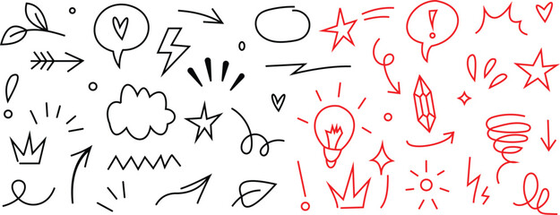 Collection of Hand Drawn Doodle Elements Arrows Hearts Stars Lightning Bolts and Clouds in Black and Red