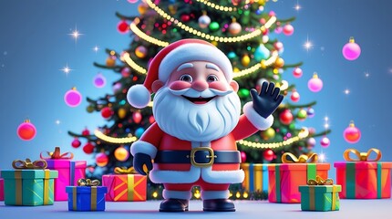 Cute, full-body 3D render of jolly Santa Claus waving with gifts and Christmas tree