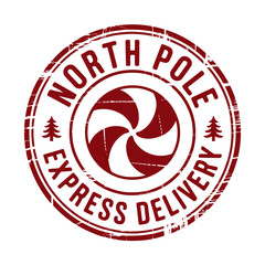A vintage-style stamp featuring the text 'North Pole Express Delivery' encircling a central motif resembling a peppermint swirl.