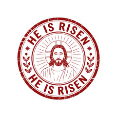 A red emblem features a depiction of Jesus surrounded by the words 'He Is Risen'.