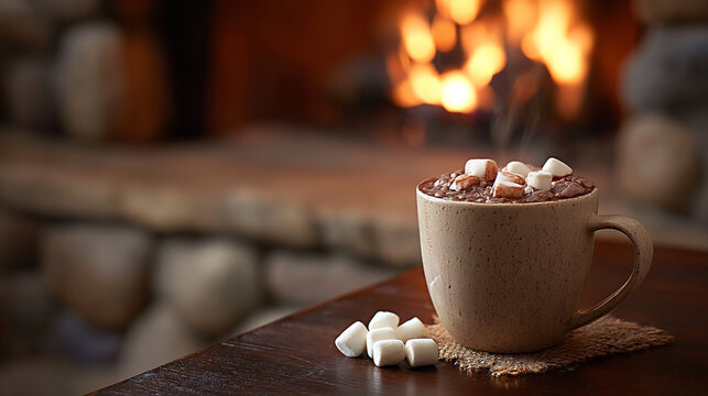 Warm cup of hot chocolate topped with marshmallows, placed on a rustic wooden table, with a cozy fireplace and stone wall creating a comforting atmosphere
