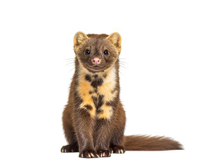 A cute brown fisher or marten with a yellow chest patch sitting, isolated on transparent background