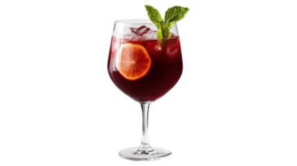 A glass of red wine with a slice of orange on top, isolated on a transparent background