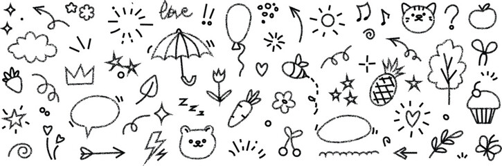 Hand Drawn Doodle Elements and Icons Collection with Stars Clouds Arrows and Animals sketch drawing