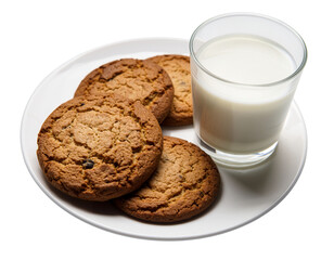 Oatmeal cookies and a glass of milk on a white plate, isolated on transparent background