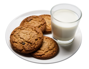 Oatmeal cookies and a glass of milk on a white plate, isolated on transparent background