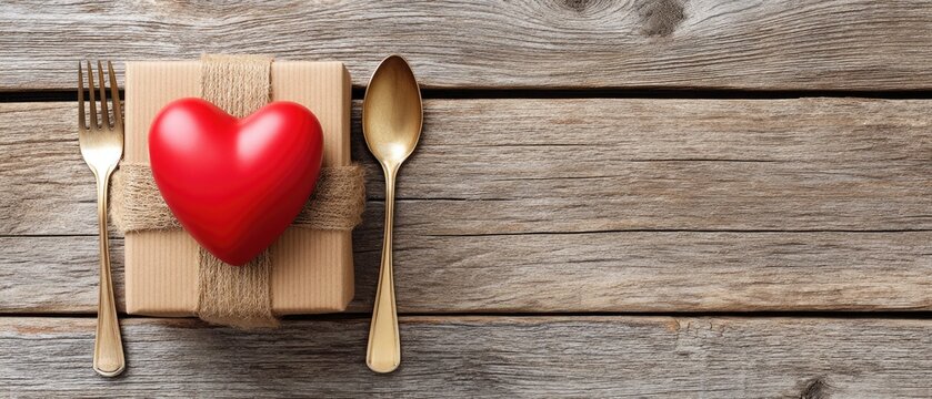 Elegant valentines day table setting featuring a red napkin and golden cutlery with a gift box displaying love on a rustic wooden background