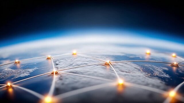 Global Connectivity Network: The image illustrates a sophisticated network of global connections, with sparkling nodes encircling the earth.