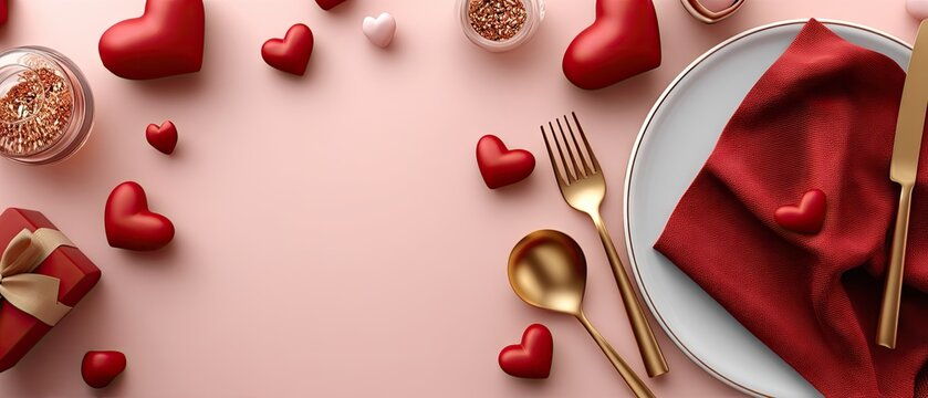 Valentines day table setting featuring red napkin, golden cutlery, and gift box on soft pink background perfect for romantic celebration