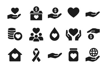 Charity and donation icons: heart hands money group support global care symbols