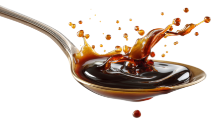 A spoonful of sauce is poured into a bowl, creating a splash of brown liquid, isolated on a transparent background