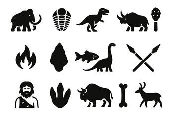 Naklejka premium Silhouettes of prehistoric creatures and early human artifacts