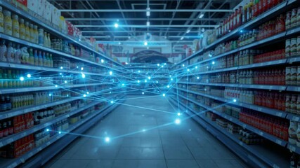Supermarket aisle with shelves full of products and a glowing blue network overlay representing data or connectivity - Powered by Adobe