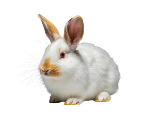 Cute domestic white rabbit with brown markings and red eyes, isolated on transparent background