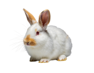Cute domestic white rabbit with brown markings and red eyes, isolated on transparent background