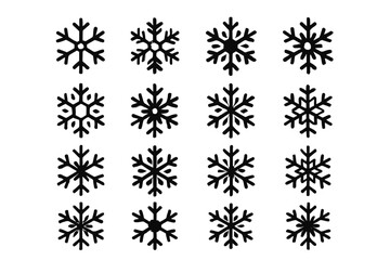 Collection of sixteen unique black snowflake silhouettes on white background