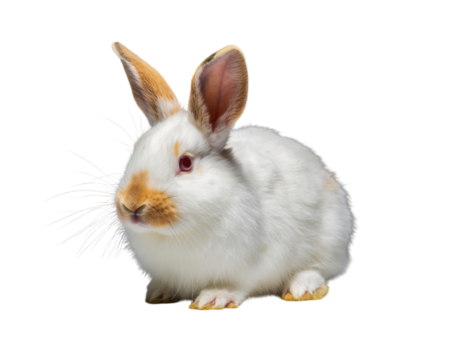 Cute domestic white rabbit with brown markings and red eyes, isolated on transparent background