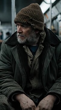 Lonely and downtrodden elderly man, dirty hands and clothes, sitting by himself on the subway. The homeless individual appears worn out and isolated