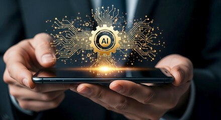 Businessman holding a smartphone with a glowing digital artificial intelligence network and circuitry emanating from the screen symbolizing advanced technology and innovation