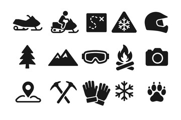 Winter adventure icons: snowmobile, ski map, helmet, campfire, and more